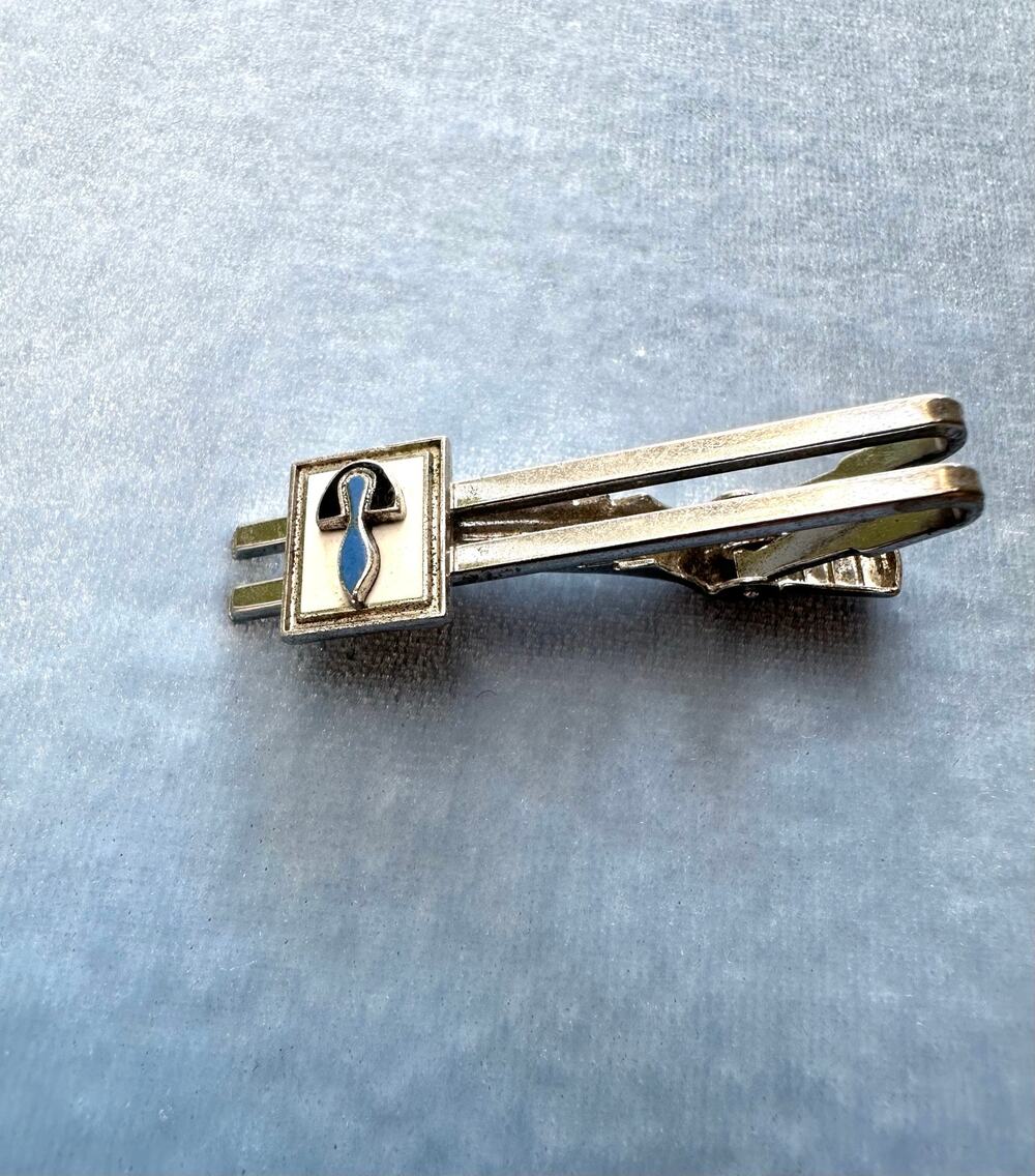 Vintage Sterling Silver Tie Clip Clasp Abstract Enamel Blue Black Mid Century
